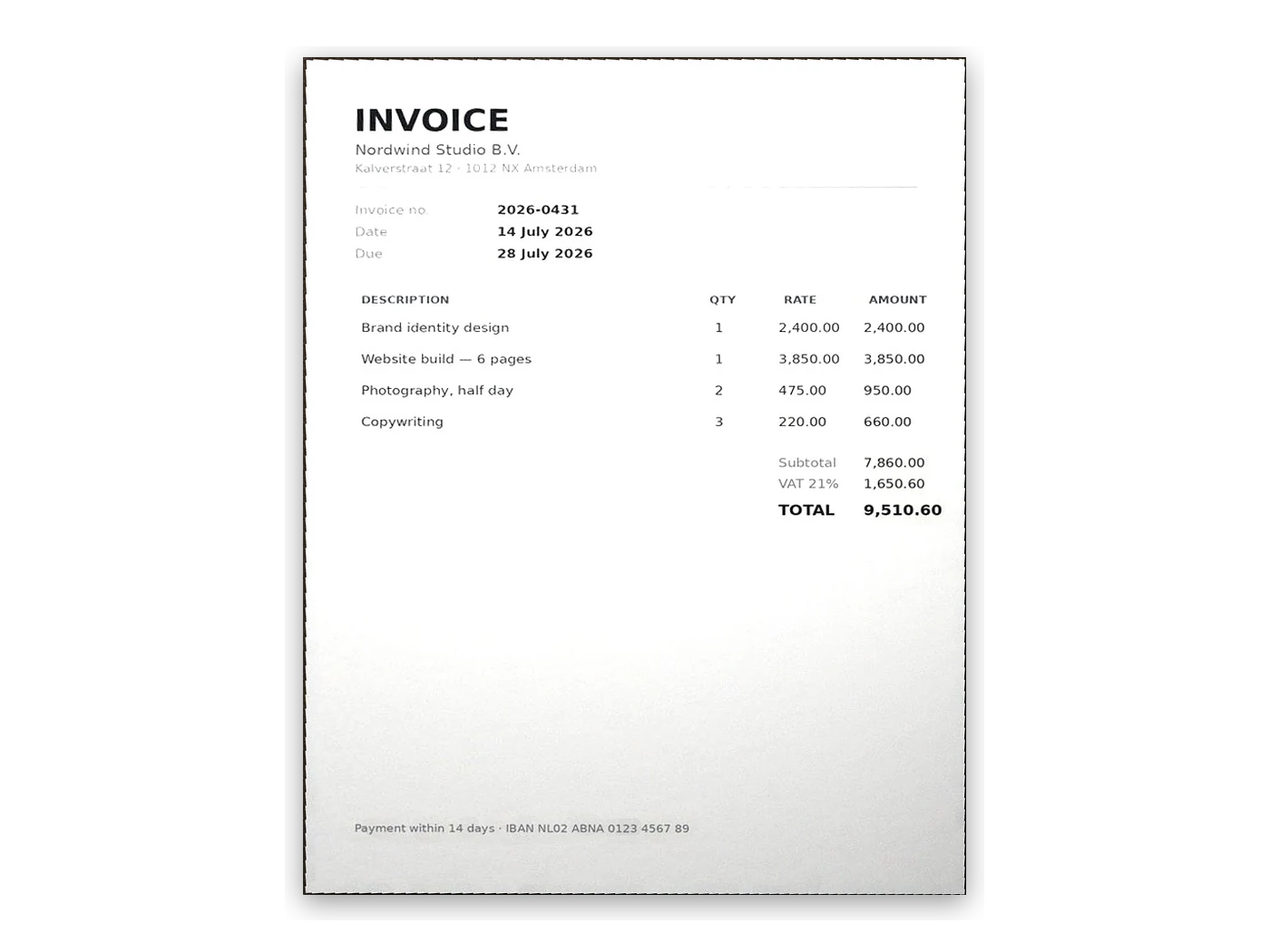 The same invoice cropped, straightened and cleaned up — actual ScanReviver output